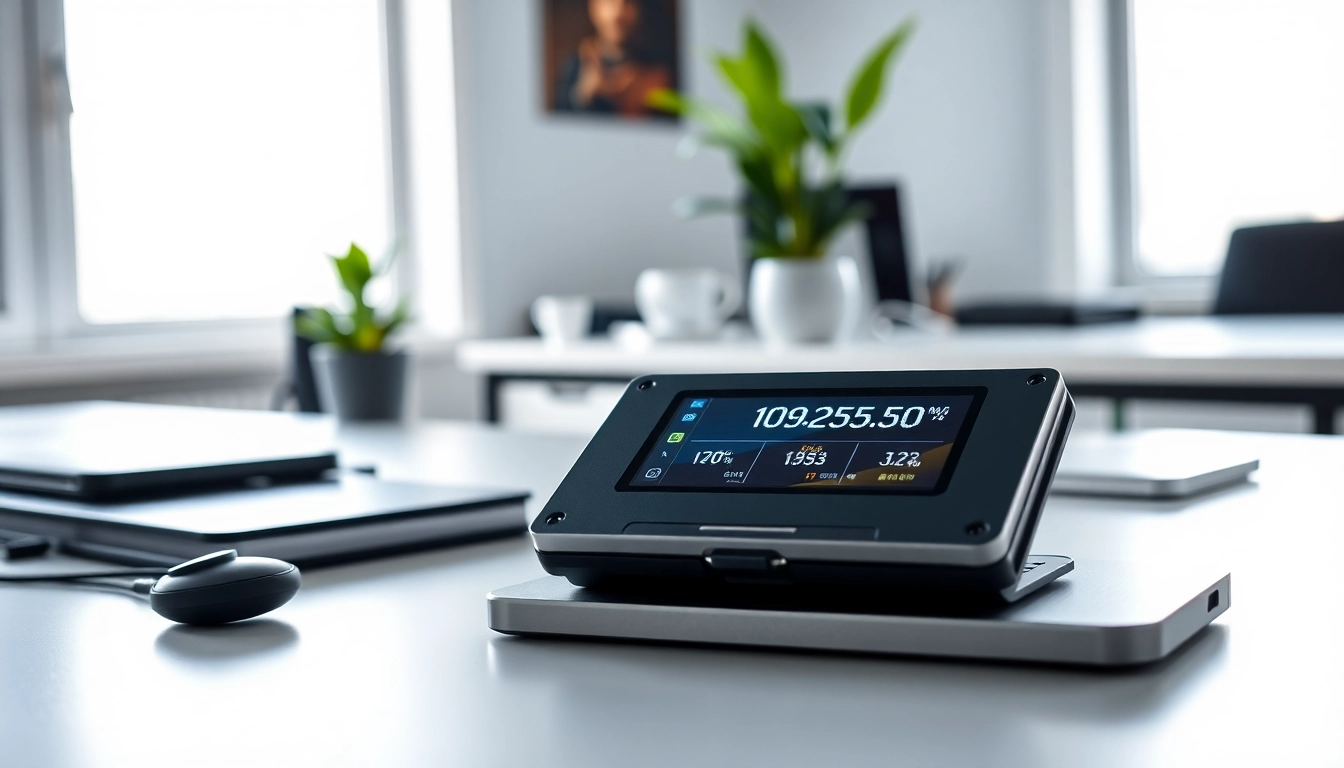 Showcasing a high-tech crypto wallet on a modern desk, highlighting its sleek design.