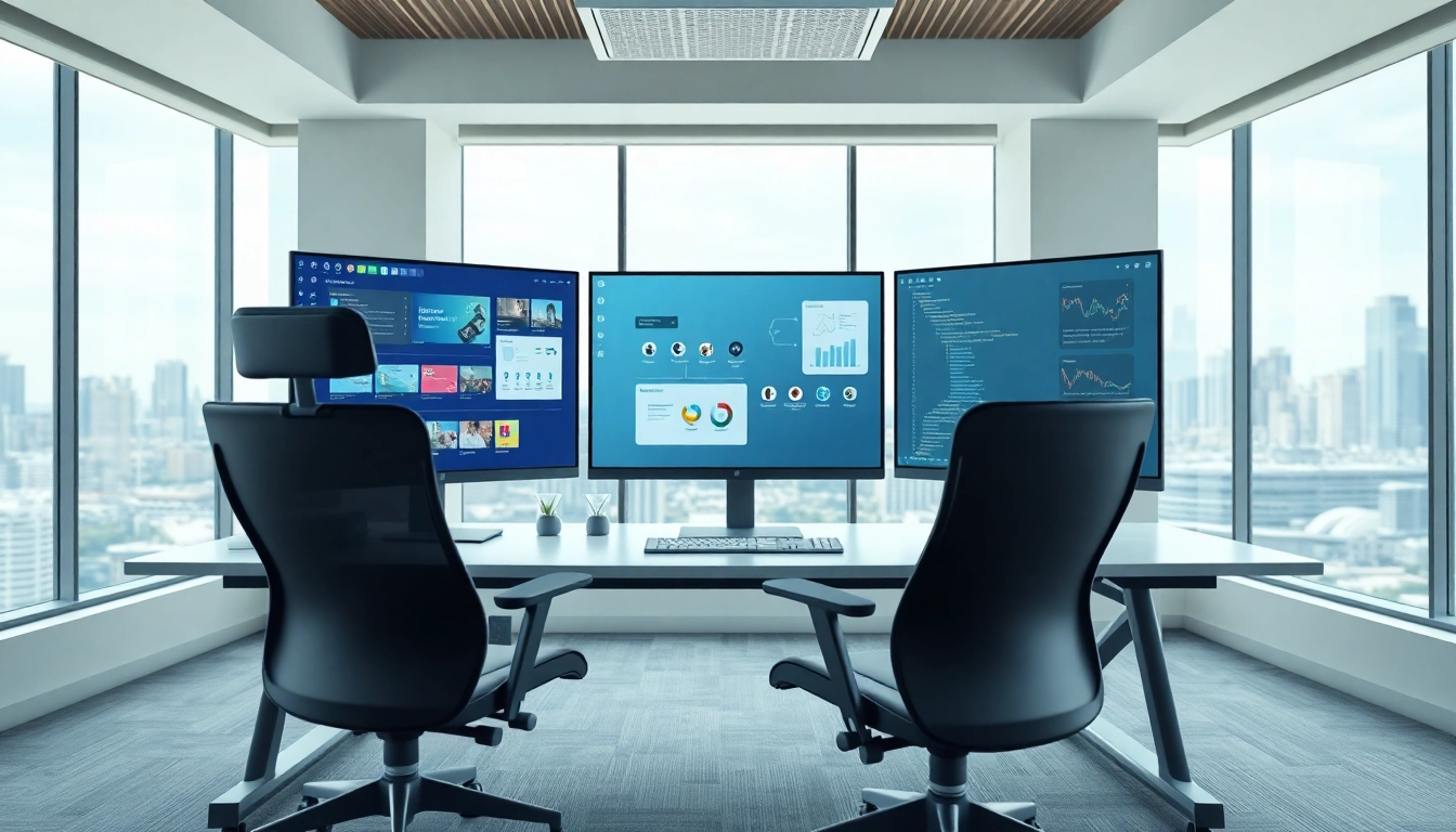 Enhance productivity with a Modern virtual desktop setup in a sleek office environment.