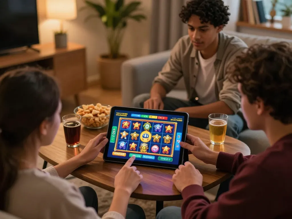 Engaging in dynamic gameplay on a tablet with situs slot bet 200 showcasing vibrant slot graphics, capturing a cozy atmosphere.
