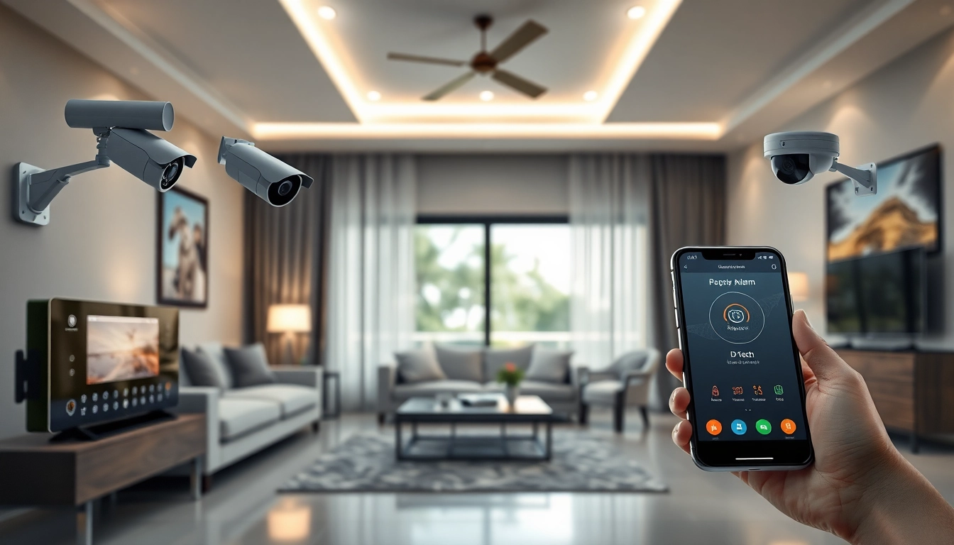 Hogar seguro con sistemas de alarmas de seguridad y cámaras de vigilancia modernas integradas en una decoración de sala de estar elegante.