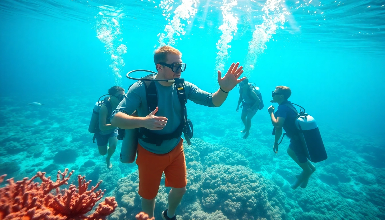 Tauchen Lernen mit einem Tauchlehrer, der Schüler in kristallklarem Wasser unterrichtet.