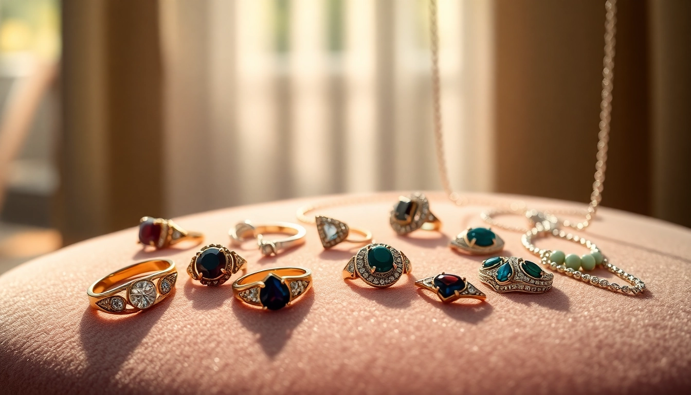 Showcase intricate jewelry inspired by https://valenciakey.es with warm lighting and rich colors.
