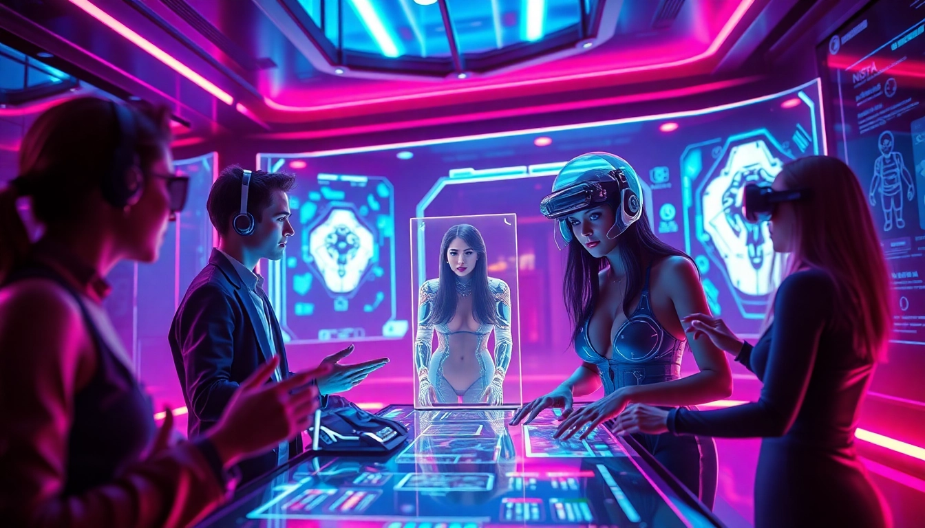 Engaging NSFW character AI interaction in a futuristic digital environment, showcasing vibrant avatars.