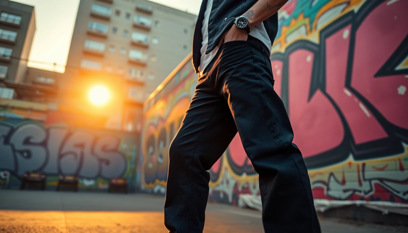 Model showcases stylish baggy black jeans against an urban backdrop featuring graffiti.