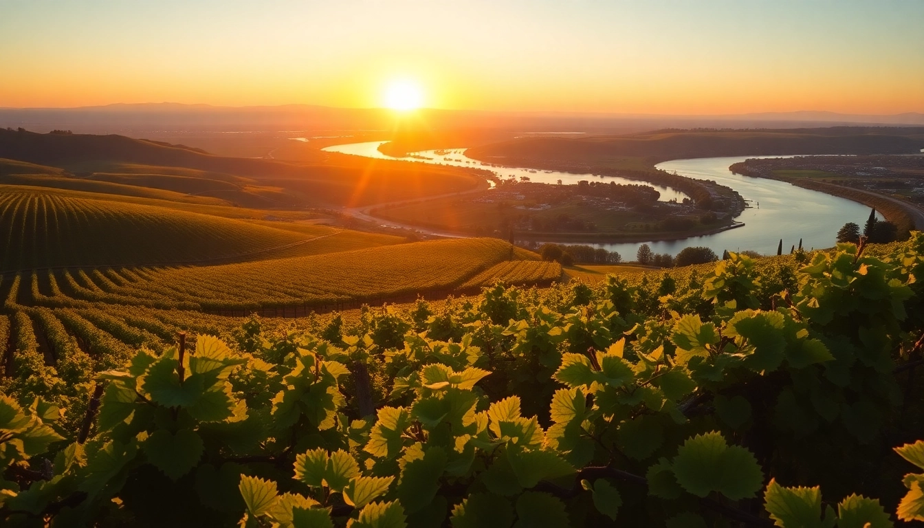 Beautiful landscape of Clarksburg California with rolling vineyards and the Sacramento River.