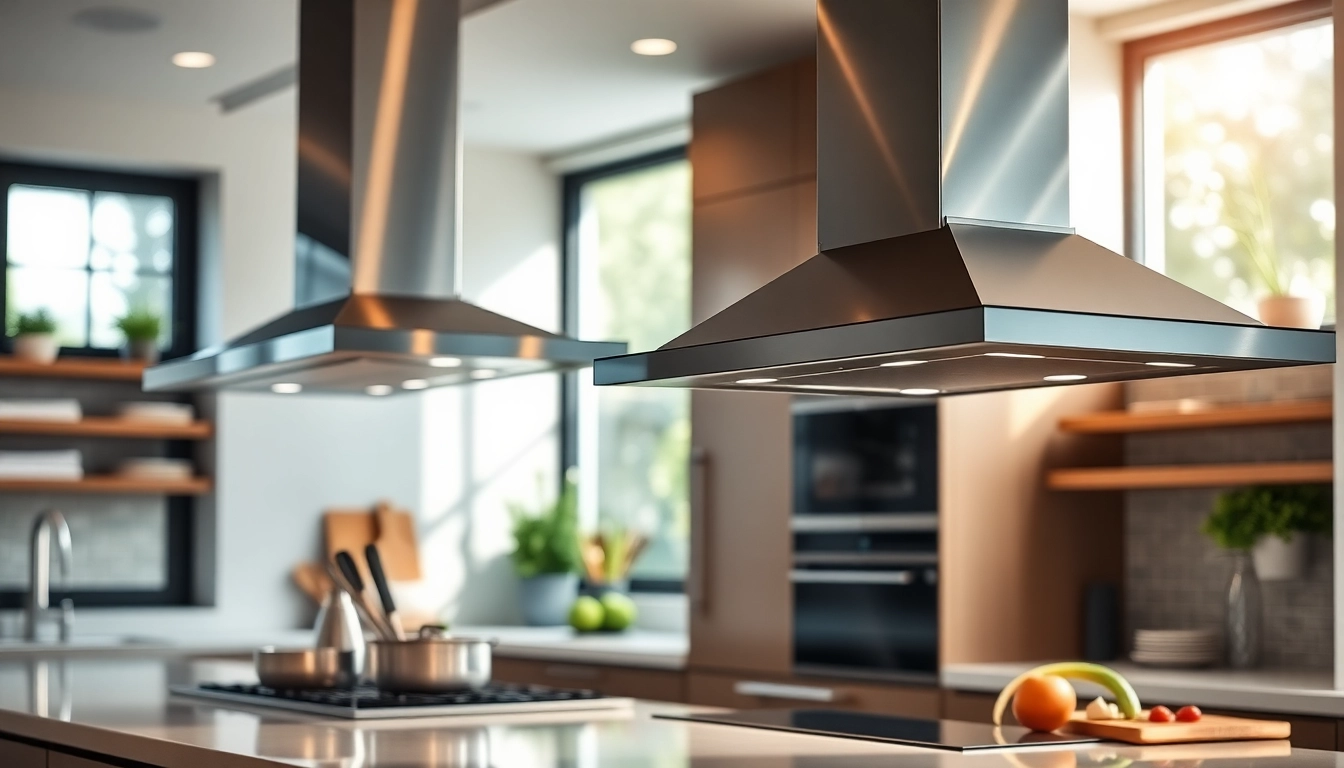 Explore modern kitchen hoods featuring elegant stainless steel designs and warm lighting.