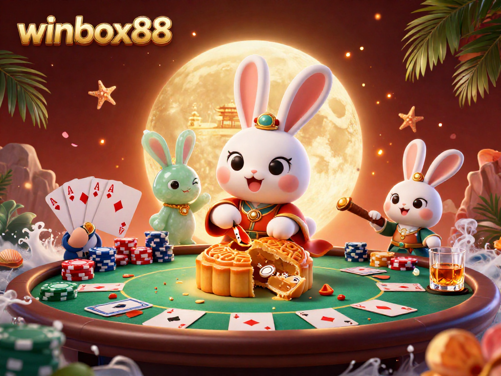 Experience the excitement of winbox88 with vibrant poker elements and a festive moonlit backdrop.