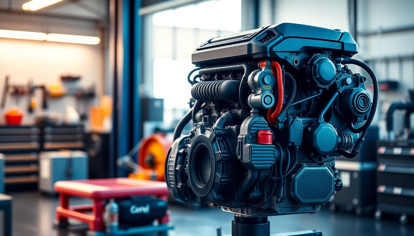 Showcasing Approved Engines' sleek design in a bright automotive workshop environment.