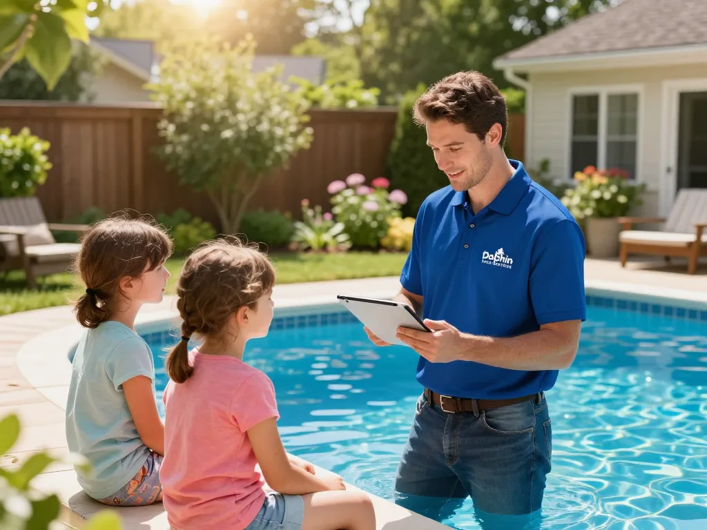 Dolphin Pool Services technician inspecting a sparkling pool, showcasing a friendly family interaction in a Virginia backyard.