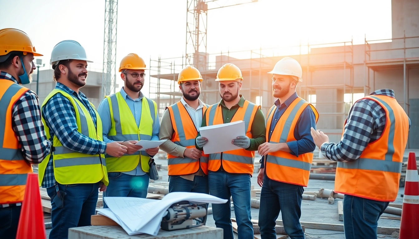 Construction workforce training session with workers collaborating at a site.