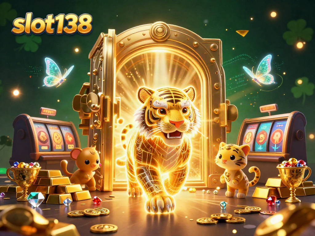 Spin the reels with slot138's golden tiger in a vibrant casino landscape overflowing with treasures.