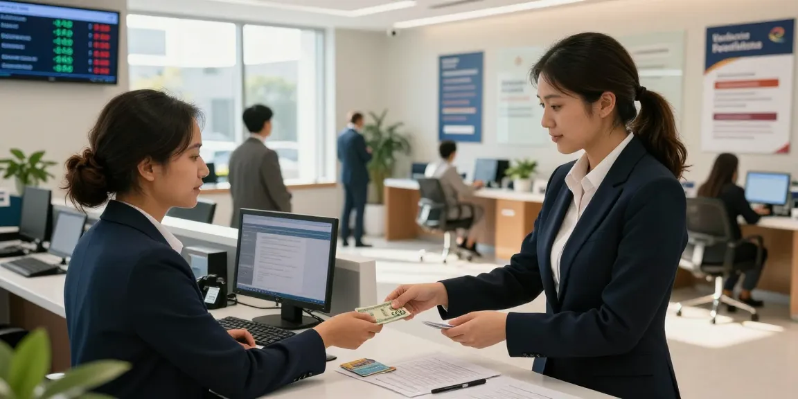 Bank teller assisting client with a deposit 5000 interaction in a modern bank.