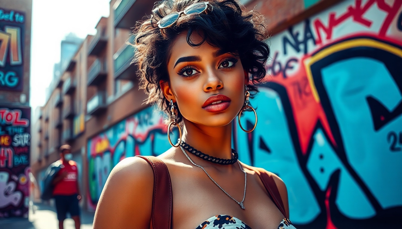 Model showcasing modern Fashion in an urban street setting surrounded by colorful art.