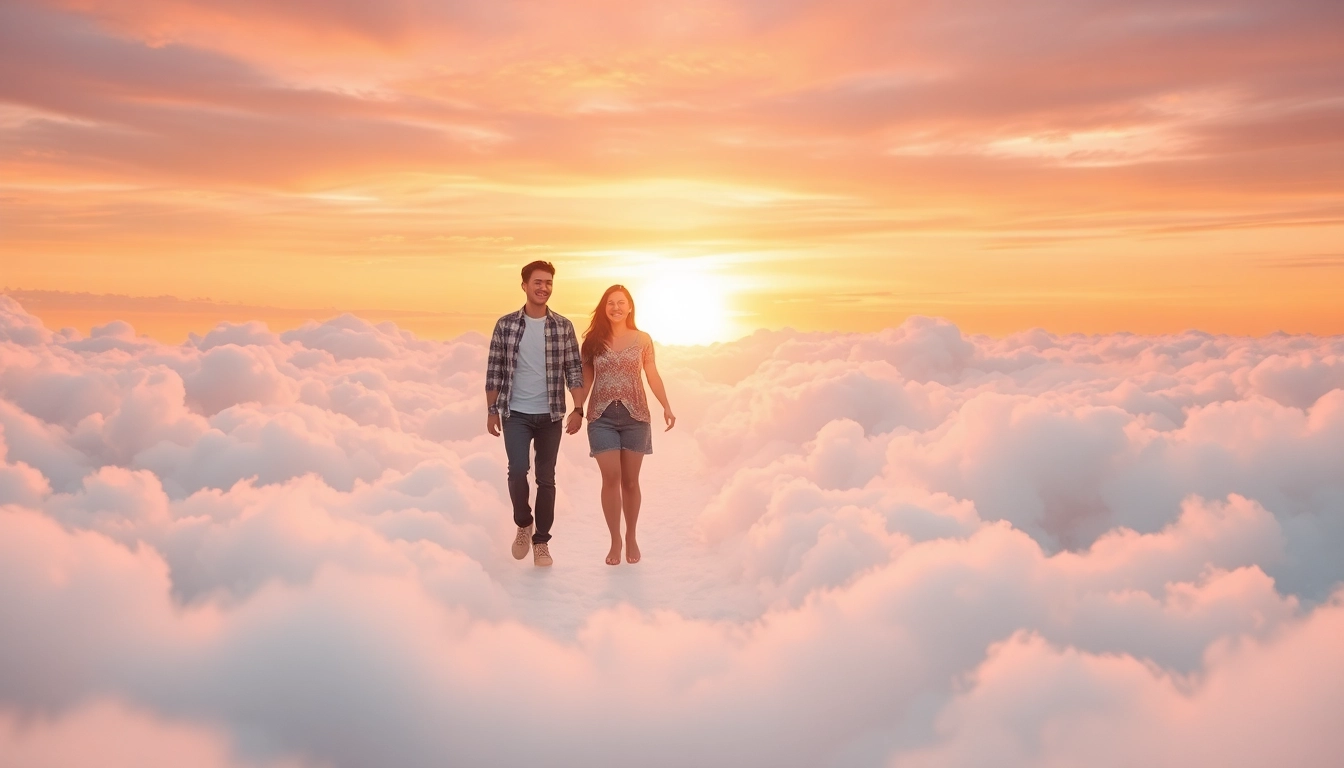 Couple walking on Clouds during a picturesque sunset, surrounded by colorful hues and soft textures.