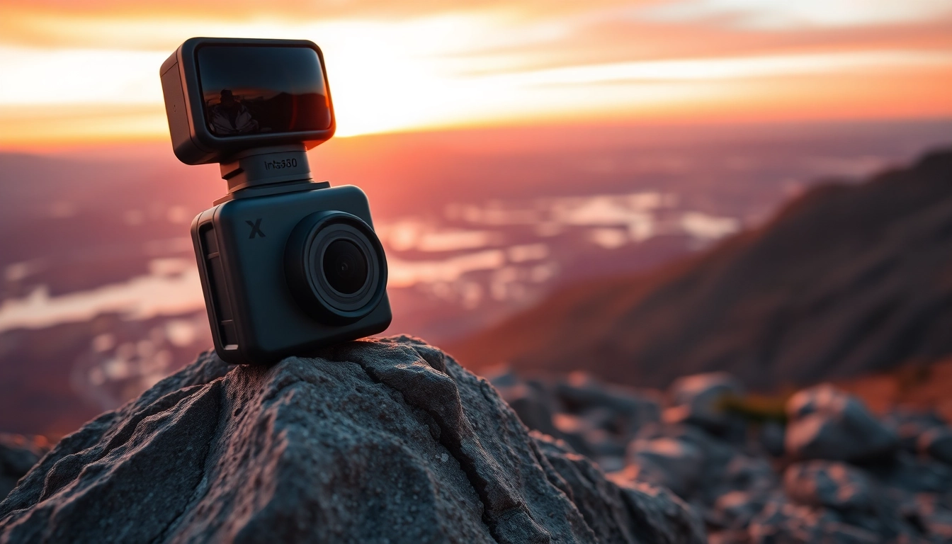 Highlighting the Insta360 X5 camera capturing stunning landscapes during a vibrant sunset.