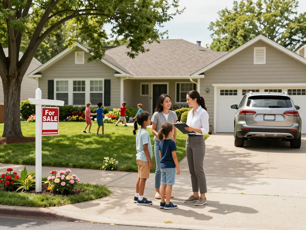 Sell my house fast for cash with a friendly agent engaging a family in a suburban neighborhood.