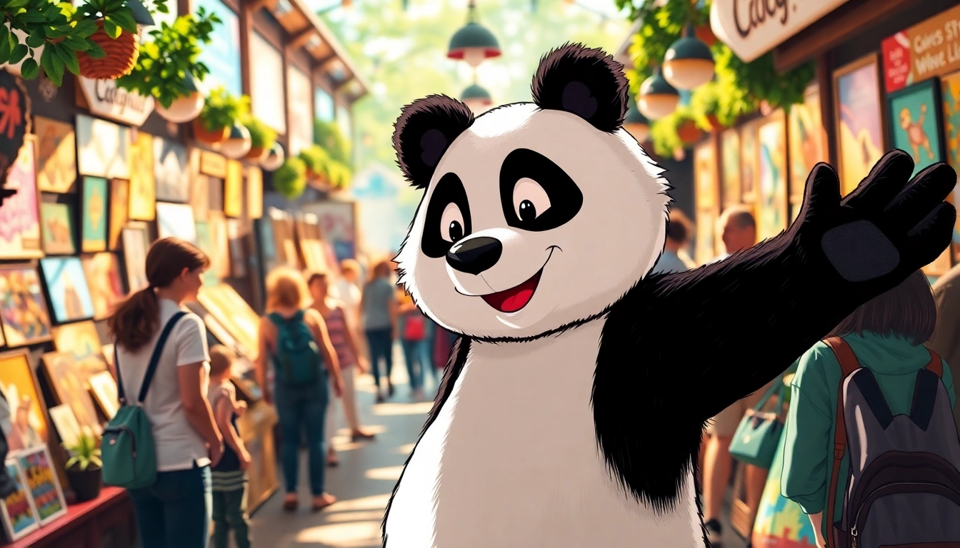 Venez découvrir pandachi.fr, un panda vivant engageant les visiteurs dans un marché vibrant.