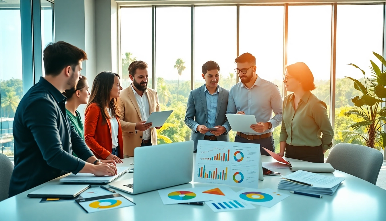 Florida Marketing Agency team collaborating in a vibrant office setting.