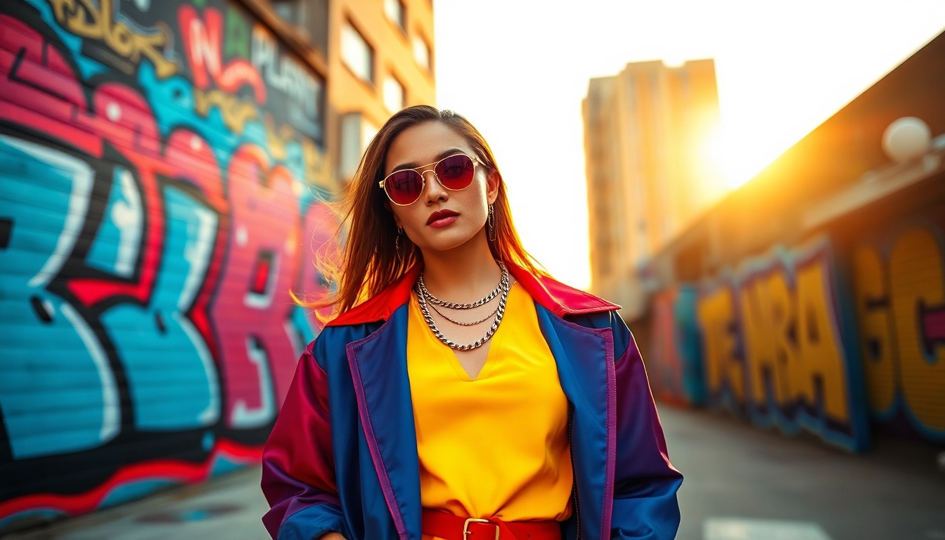 Fashion model demonstrates a unique urban style against a vibrant city backdrop.