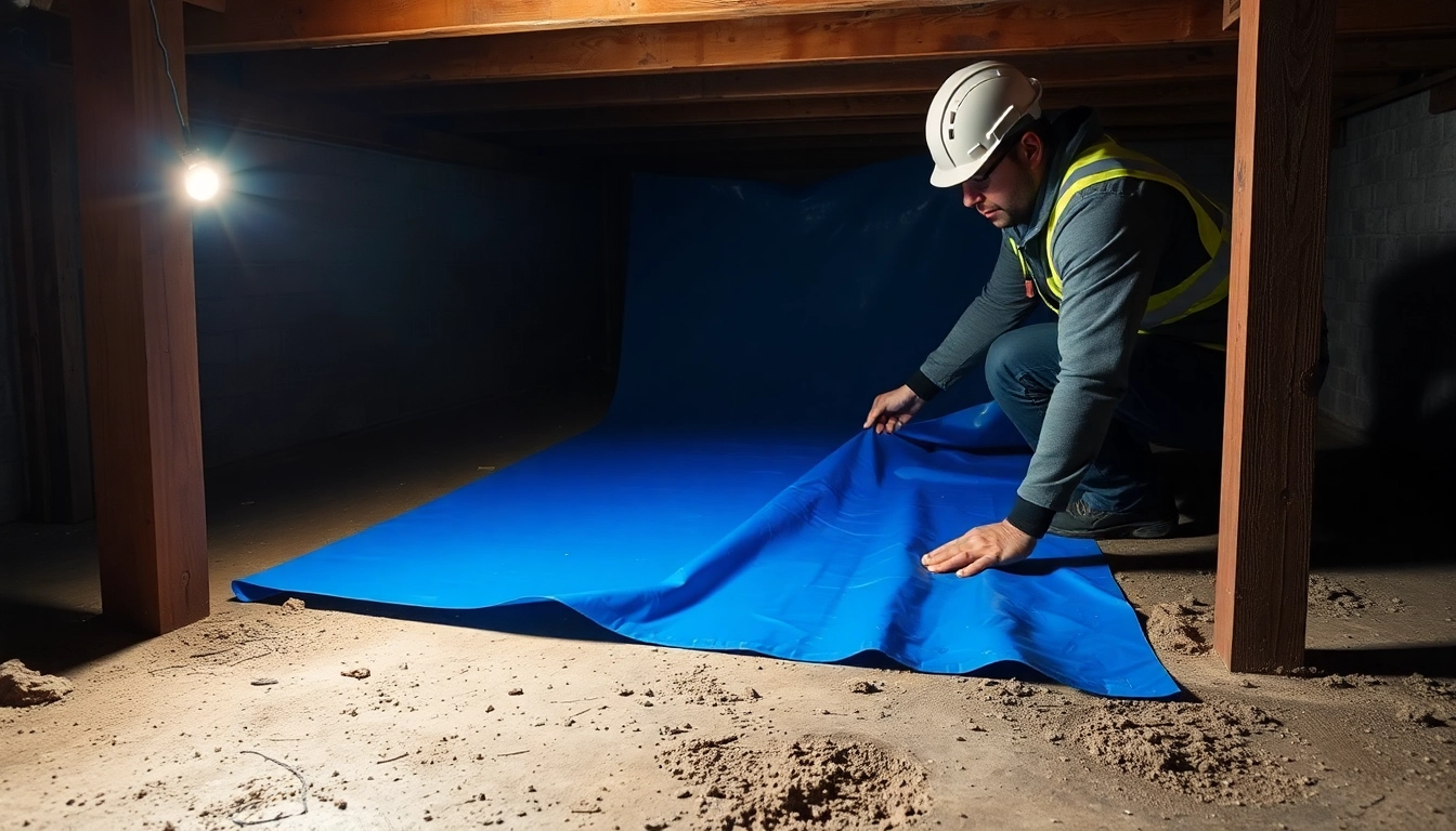 Vapor Barrier Installation process showcased with a contractor applying the barrier in a crawl space.