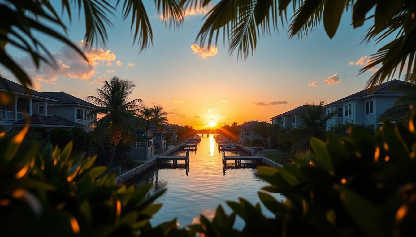 Dustin Rennie Mahogany Bay: Canal-front sunset in Belize showcasing elegant homes and lush tropical foliage.
