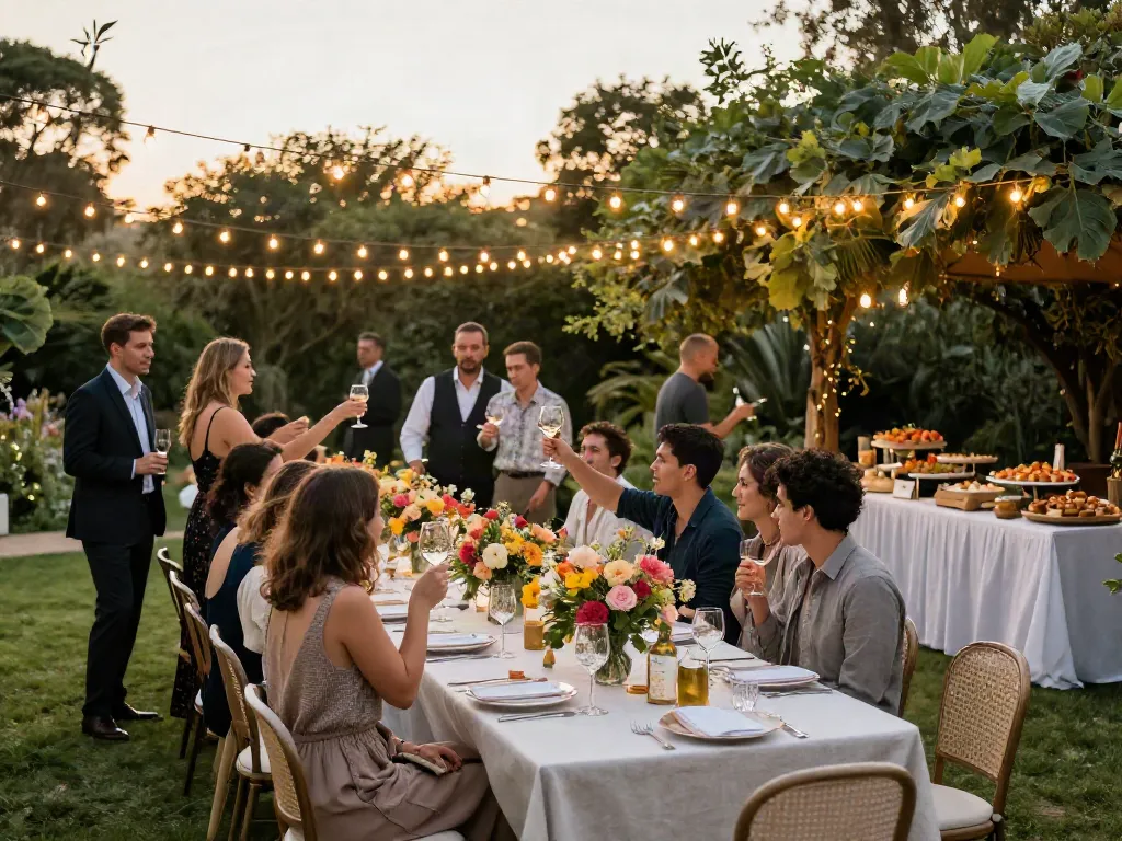 Event furniture rental setup with elegant banquet table and guests celebrating outdoors at sunset.