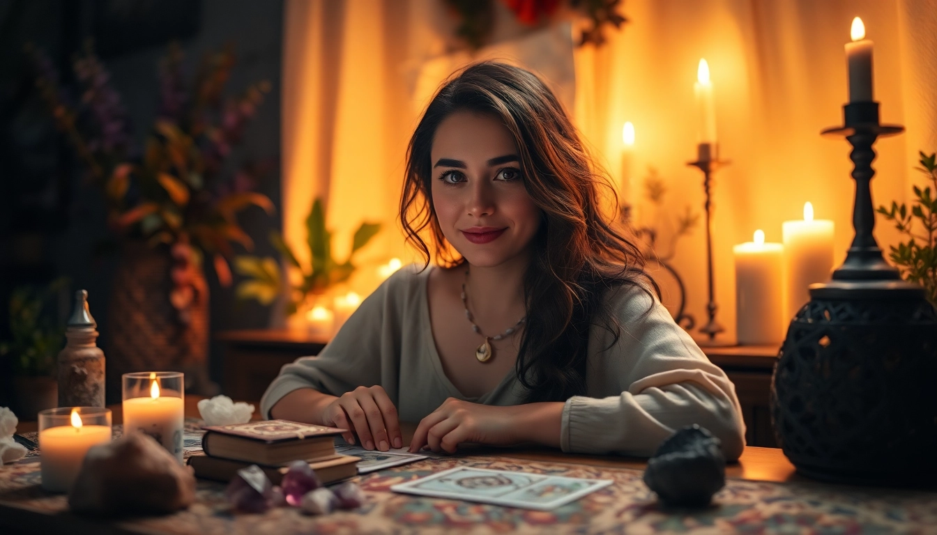 Engage with https://julielynn.co's intuitive readings, featuring a serene witch in a mystical setting.