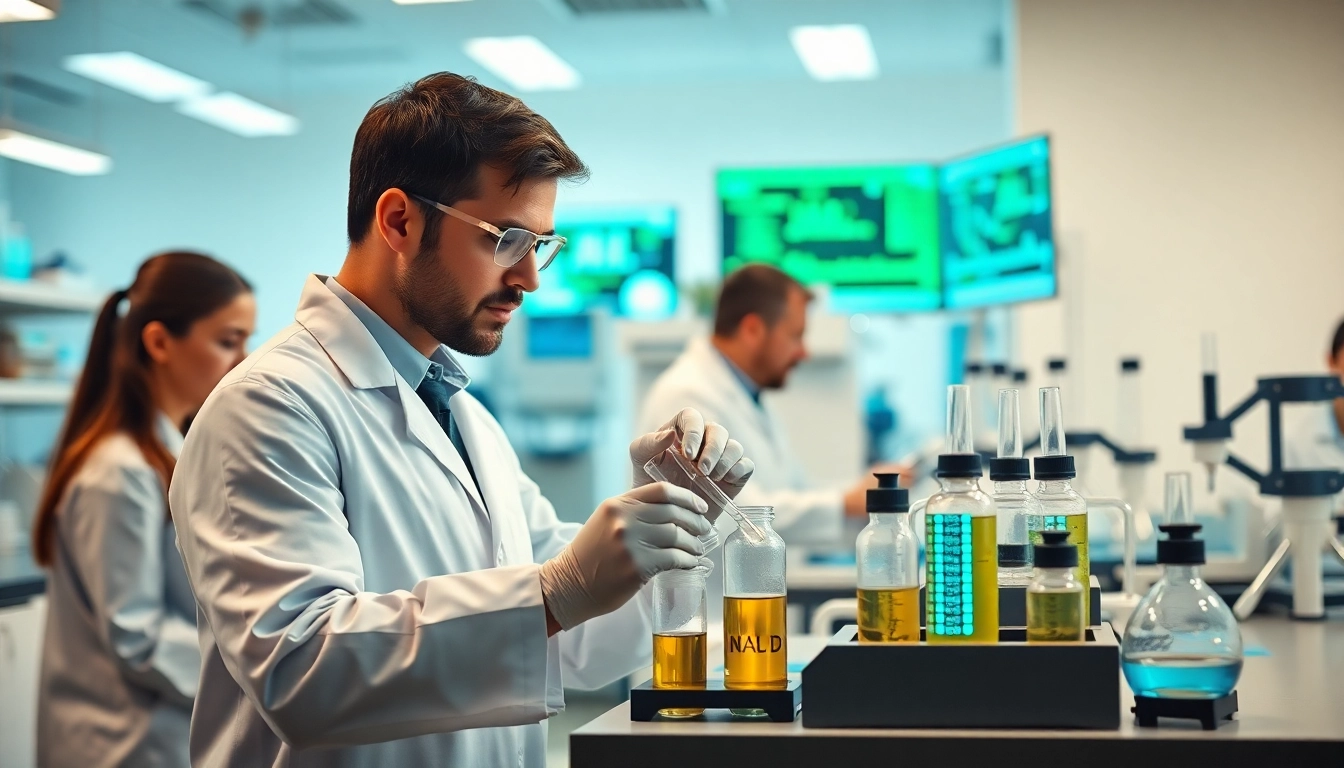 NAD+ research conducted in a modern laboratory with focused scientists analyzing samples.