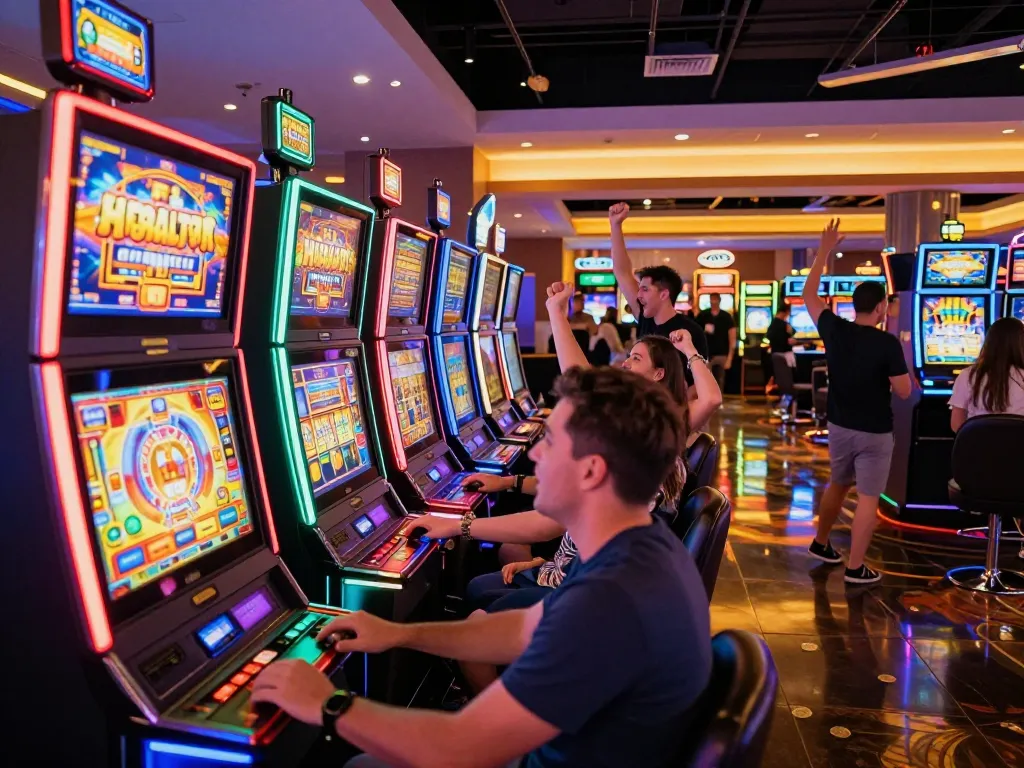 Players enjoying their slot machine experience in a vibrant casino filled with colorful lights.