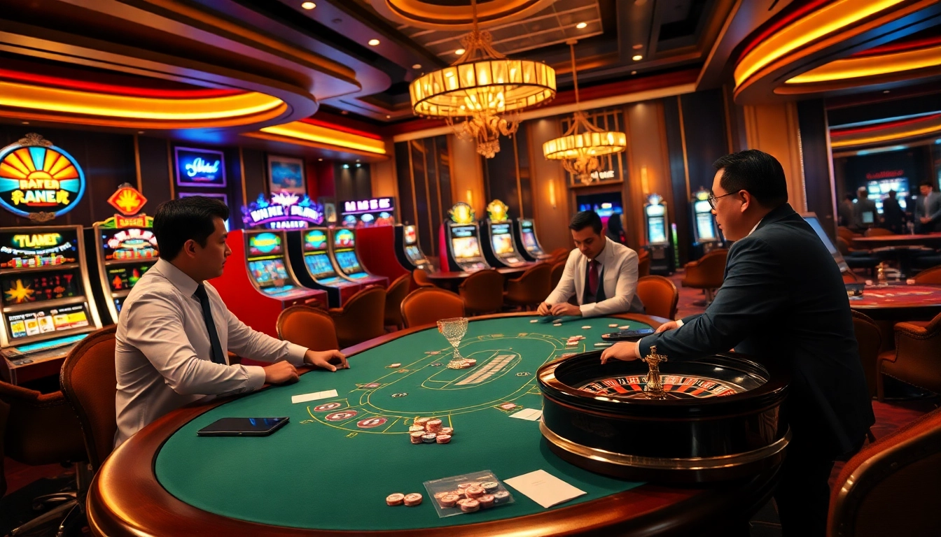 Engage with top nhà cái in a vibrant casino atmosphere filled with poker games, slot machines, and roulette.