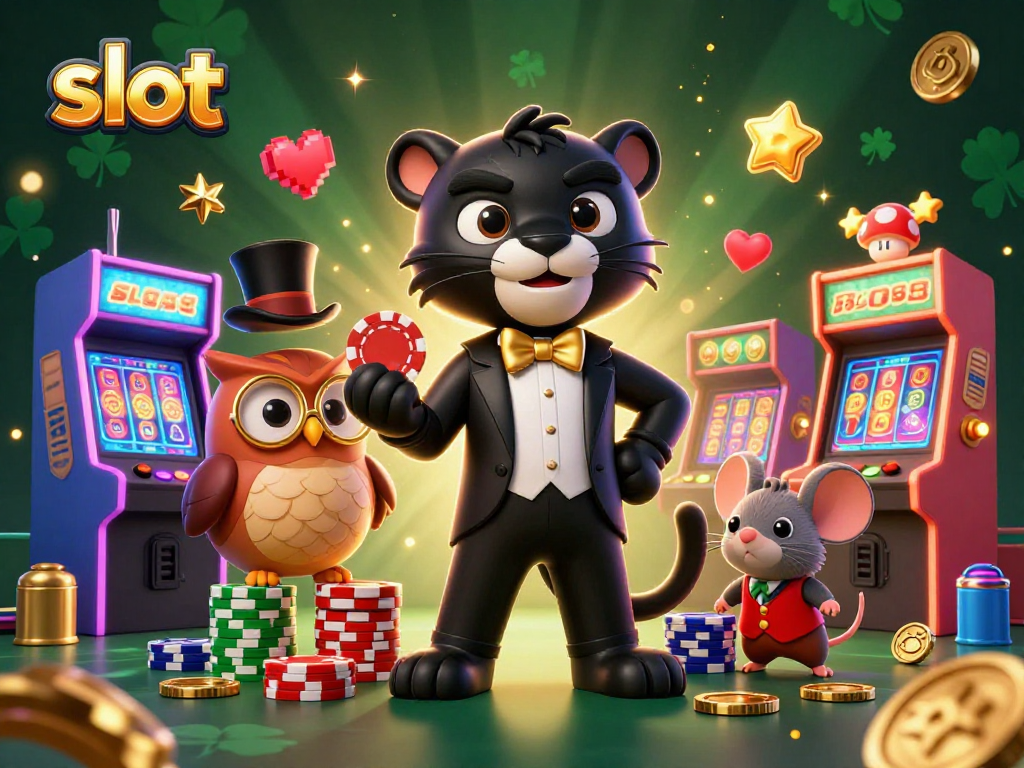 Slot bertema kasino dengan panther dan burung hantu dalam ilustrasi 3D ceria.