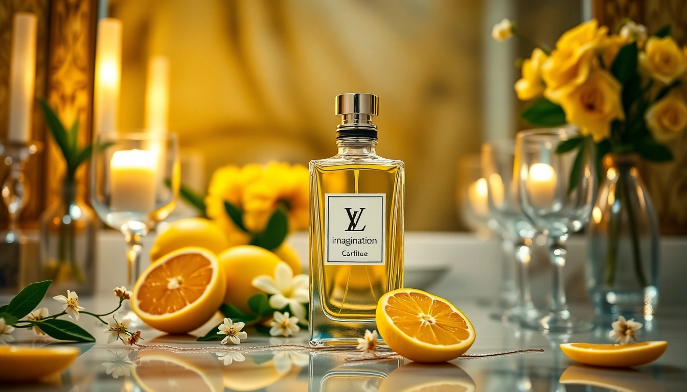 Showcase Lv imagination fragrance bottle on an elegant vanity, surrounded by citrus and floral elements.