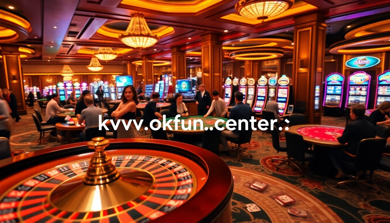 Players at https://okfun.center/ engage in a thrilling poker game on a vibrant casino floor.