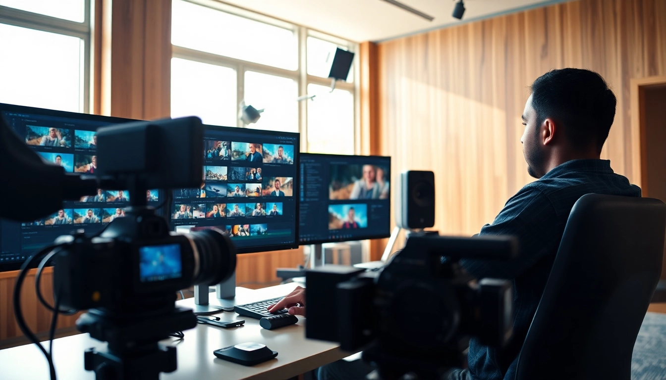 Professional video editors focused on video editing in a bright, modern studio environment.