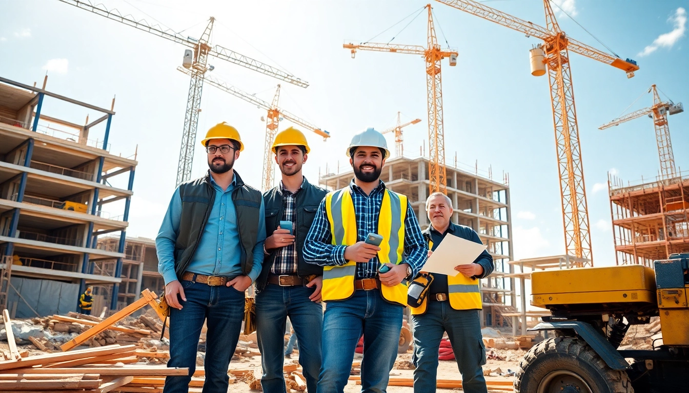 Engaged professionals showcasing diverse Careers in construction on a busy building site with vibrant activity.
