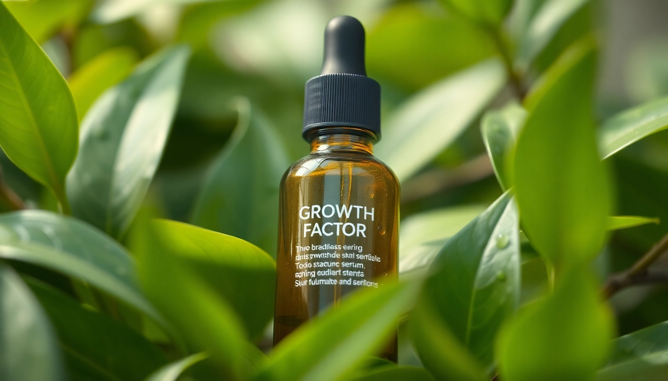 Showcasing a growth factor serum bottle against lush green foliage, emphasizing natural skincare.