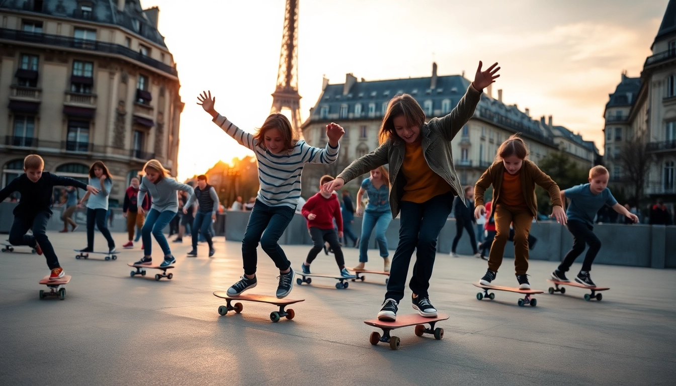 Young skaters practicing at École de Skate Paris, showcasing vibrant energy and excitement.