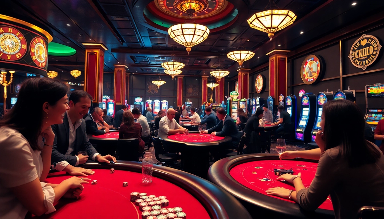 Casino online: Menikmati atmosfer kasino yang meriah dengan pemain yang terlibat dalam permainan seru.