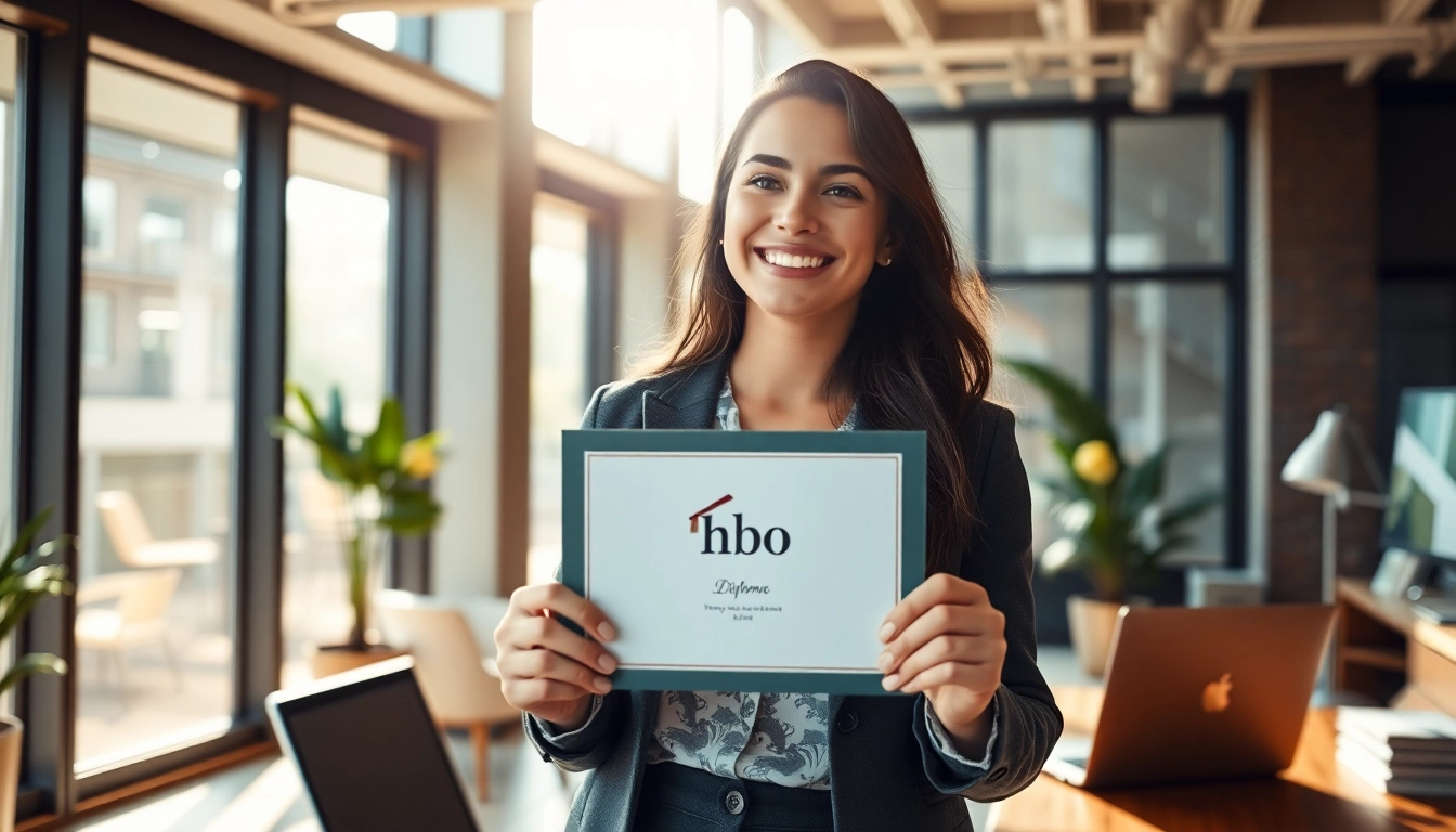 hbo Diploma kopen achieved by a young professional showcasing their success in a modern office setting