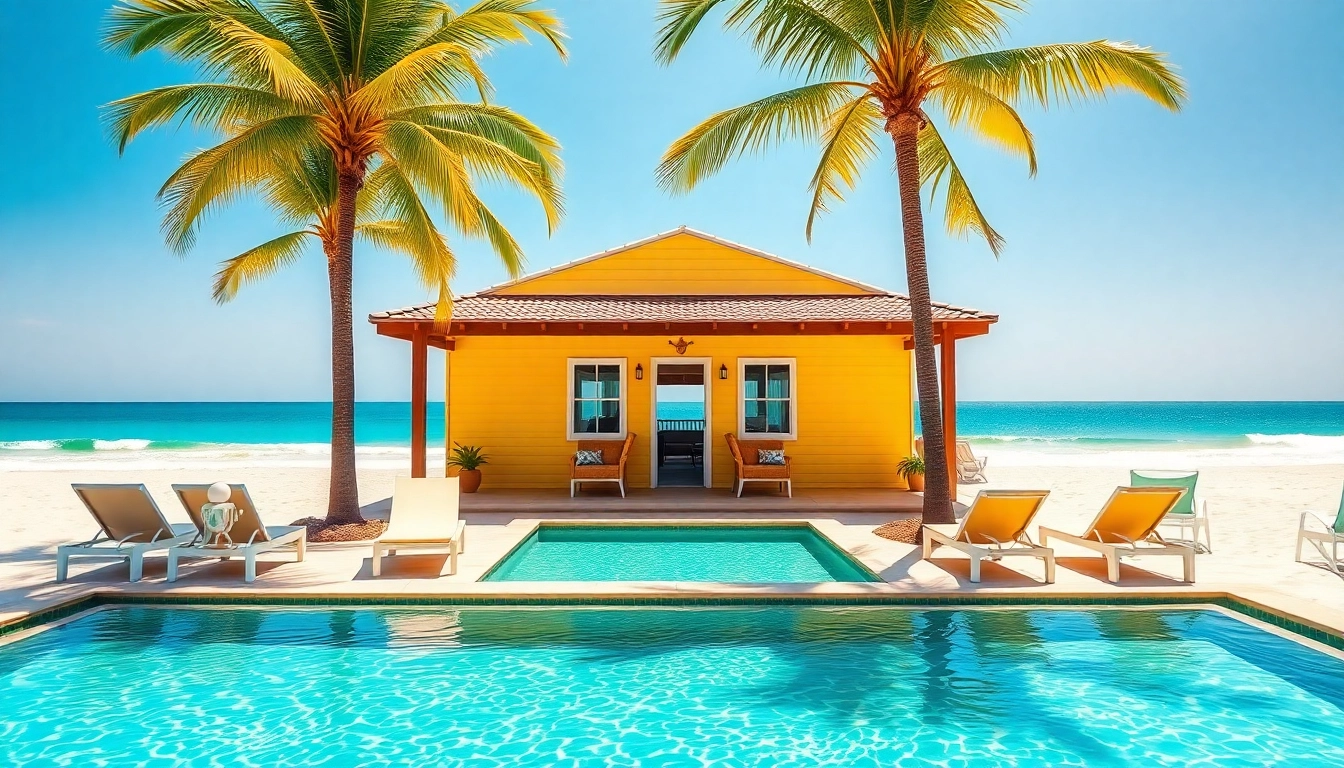 Relaxing view of a coastal cabana highlighting the inviting yellow exterior and surrounding beach ambiance.