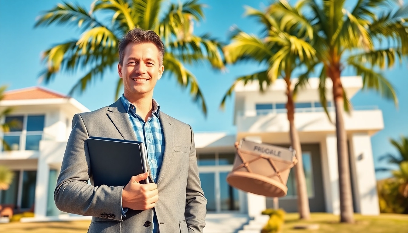 Showcase of homes for sale with a real estate agent in a sunny coastal setting.