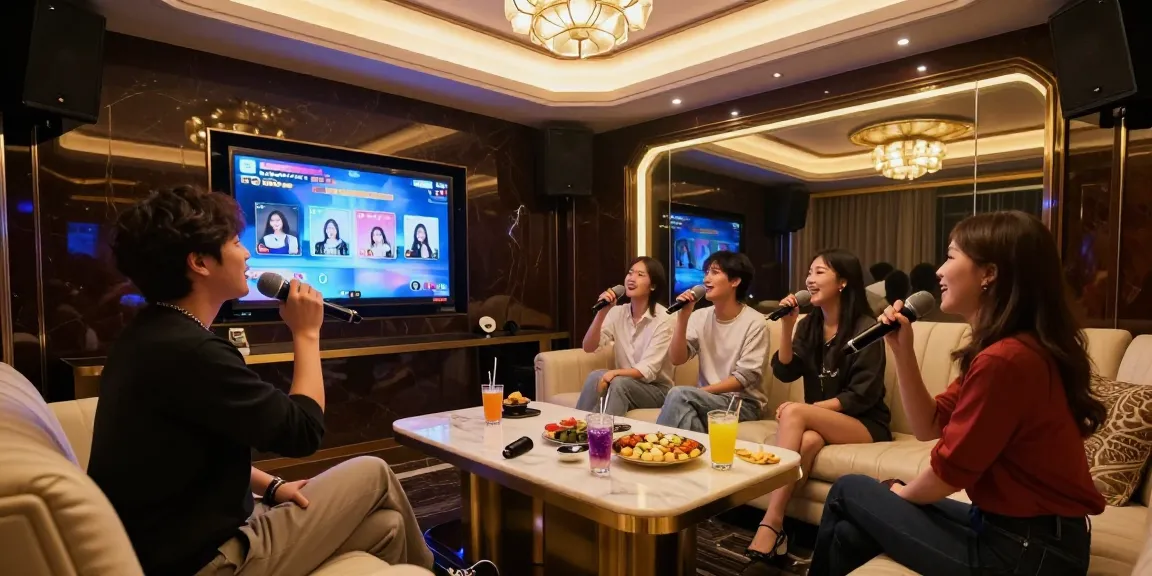 Enjoying singing in a luxurious 강남 가라오케 lounge with friends, highlighting vibrant nightlife.