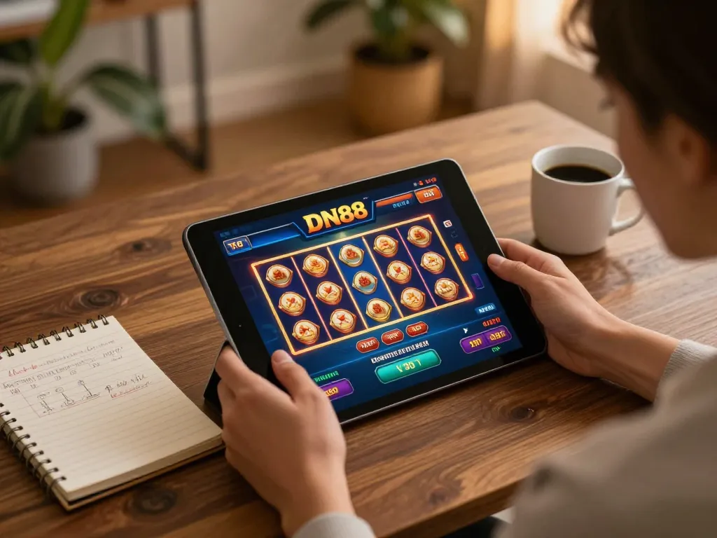 Engaging player using DN88 casino app on tablet in cozy home setting to place bets.