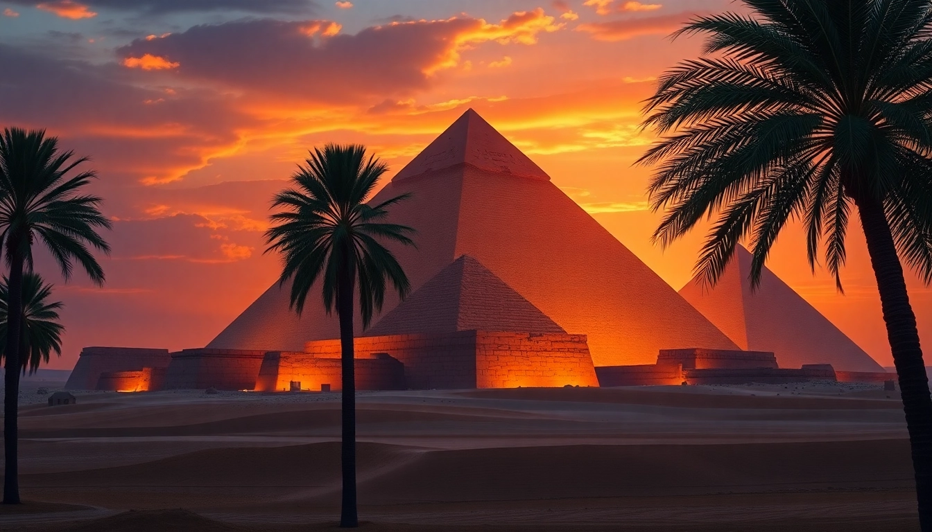 Discover the stunning Egyptian pyramids at https://piraminds.com/ lit by sunset, showcasing their majestic presence.