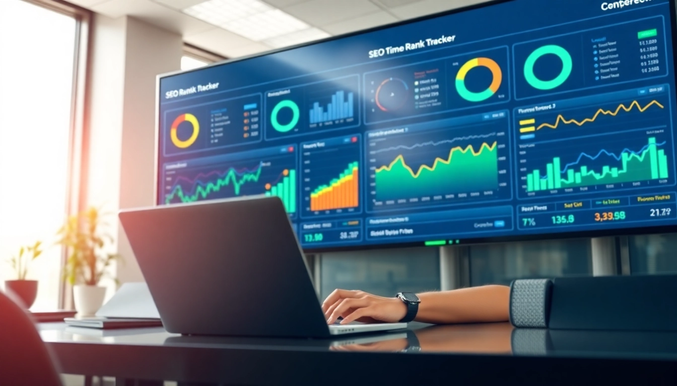 Analyze the SEO Rank Tracker metrics with vibrant graphs in a modern office setting.