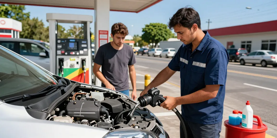 Wrong fuel in car being drained by a certified technician at a busy roadside, showcasing professional fuel recovery service.