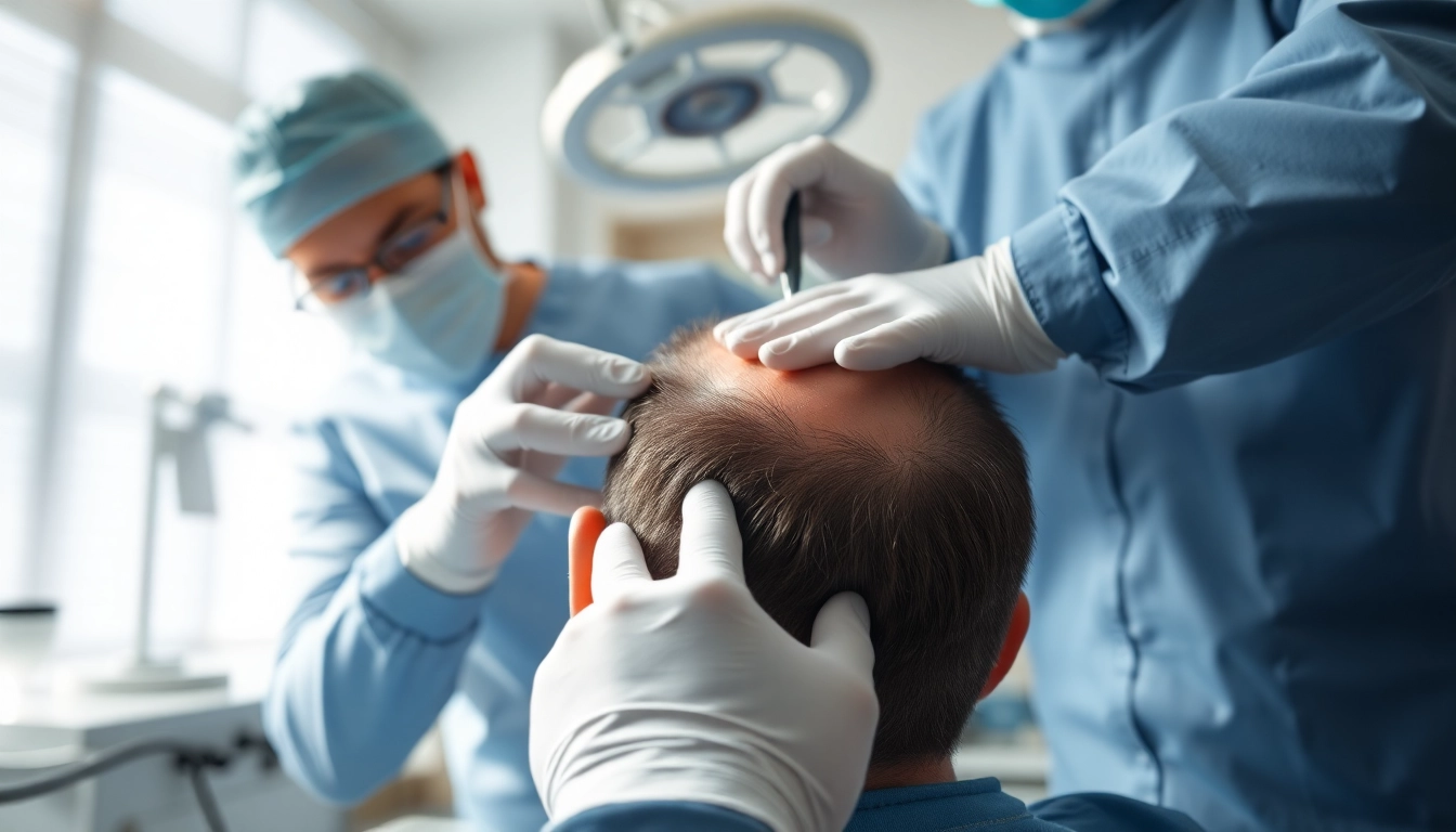 Hair transplant london procedure capturing a patient in a modern clinic with a skilled surgeon.