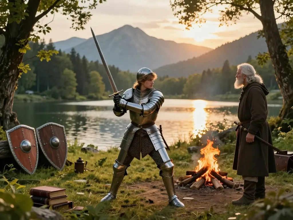 Young knight training in lush greenery, embodying spirit of Knight of the Seven Kingdoms.