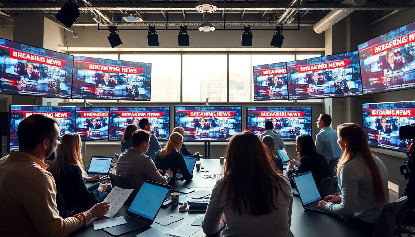 Engaged team collaborating on news stories in a modern newsroom environment.