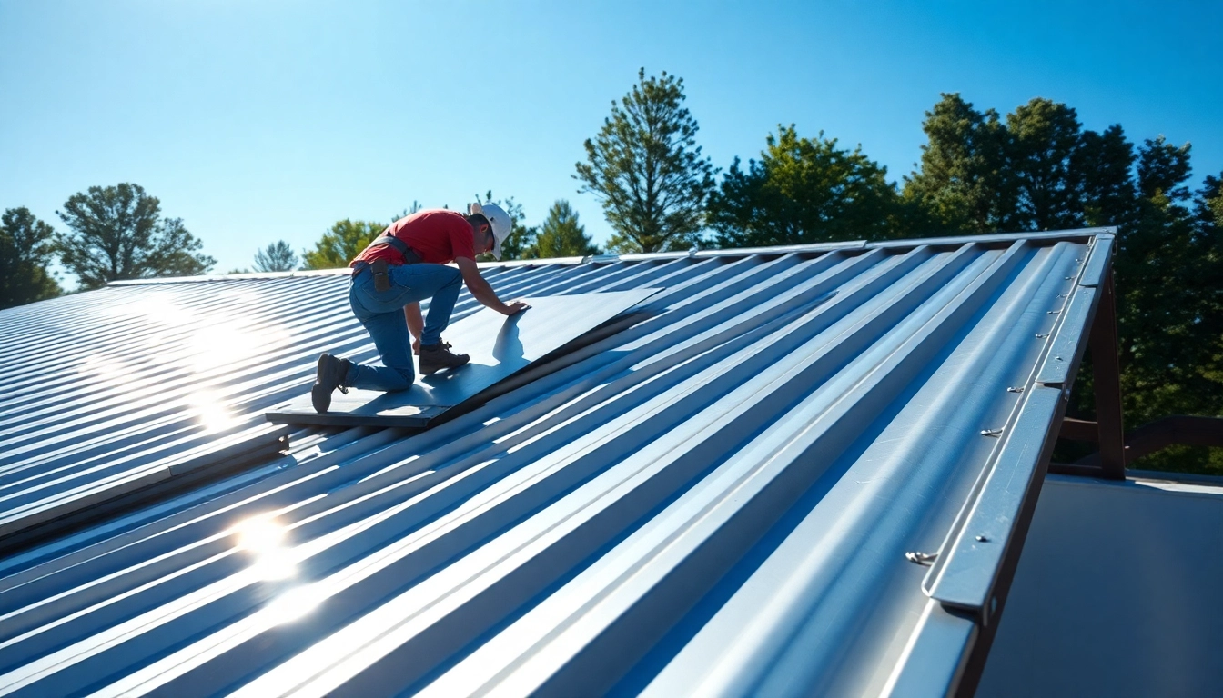 Install metal roofing panels with skilled workers under clear blue sky.